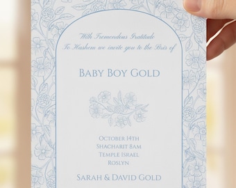 Floral Bris Invitation Template | Baby Boy Brit Milah Botanical Invite | Editable Canva | Instant Download