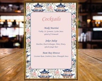 Carte de cocktails Mahjong Pagode à l'aquarelle | Chinoiseries 5 x 7 imprimables | Modèle de toile modifiable | Enseigne de bar Mahjong Night