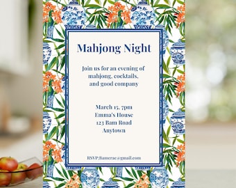 Invitation pour une soirée Mahjong d'inspiration chinoise | Invitation pour une soirée Mahjong entre filles | Aquarelle florale en pot de gingembre | Modèle Canva modifiable | Téléchargement instantané
