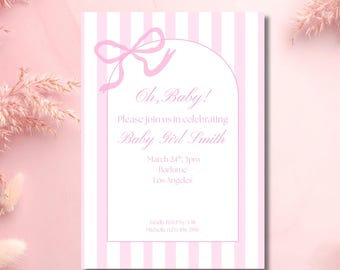 Pink Bow Baby Shower Invitation Template | Coquette Stripe Girl Baby Shower Invite | Digital RSVP | Editable Canva | Instant Download