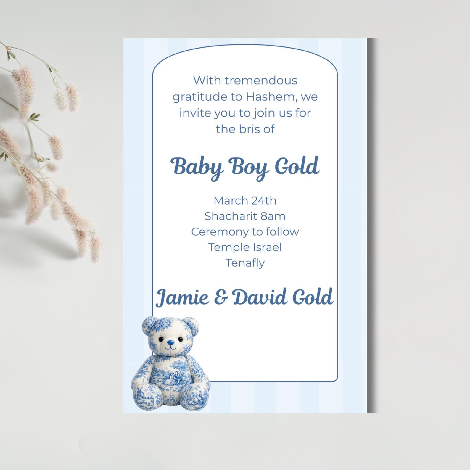 Bris Invitation Template | Blue Toile Teddy Bear Digital Evite | Brit ...