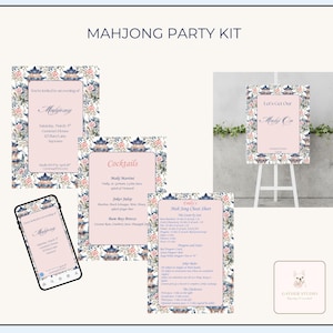 Op de afbeelding: Een Mahjong-feestpakket met uitnodigingen, cocktailrecepten en een spiekbriefje. De uitnodigingen en borden hebben een bloemen- en pagodedesign. Een smartphone toont een uitnodiging. De kit bevat een bord met "Let's Get Our Mahj On."