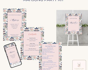 Lot de mahjong pagode aquarelle | Kit d'hôtesse complet | Invitation Panneau de bienvenue Aide-mémoire Menu cocktail | Toile modifiable