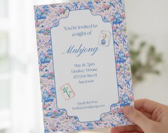 Modèle d'invitation de nuit de mahjong | Invitation rose de mahjong de | Toile modifiable | Téléchargement numérique | Faire-part de mahjong 5 x 7