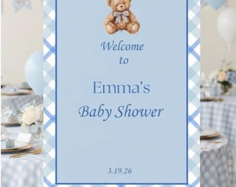 Baby Boy Shower Welcome Sign Template | Blue Plaid Teddy Bear Baby Boy Sign | Editable Canva | 16x20 18x24 | Instant Download