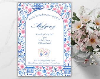 Modèle d'invitation de nuit de mahjong chinoiserie | Invitation florale bleue rose de Mahjong de pagode de Zazzle.be Liste d'envies Vous avez des idées ? Soirée élégante entre filles | Toile modifiable