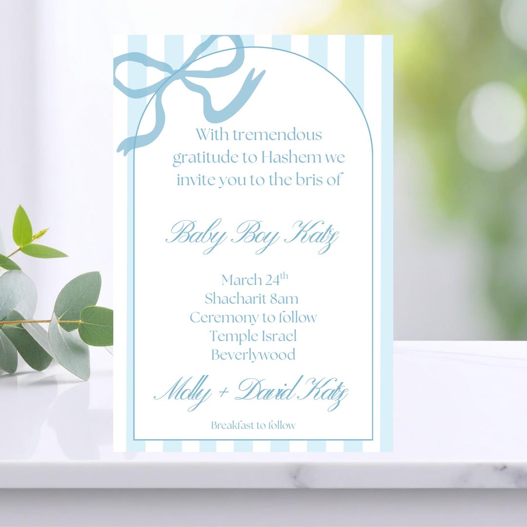 Bris Invitation Template | Blue Bow Stripe Baby Boy Brit Milah Invite ...