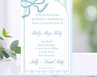Bris Invitation Template | Blue Bow Stripe Baby Boy Brit Milah Invite | Editable Canva | Jewish Bris Ceremony | Instant Download