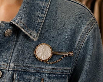 Vintage 1960s Gold-Tone Banjo Brooch • Mid-Century Musical Instrument Pin