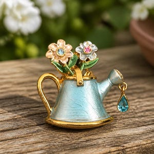 Signed AS Watering Can Brooch – Enameled Flowers, Teardrop Crystal Garden Pin
