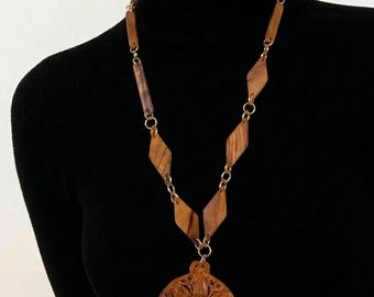 1970s Carved Wood Floral Pendant Necklace • Boho Statement Jewelry • Natural Wood Chain