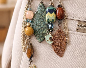 Artisan Safety Pin Brooch. Handcrafted Mixed Metal Bag Charm. Boho Style Pin.