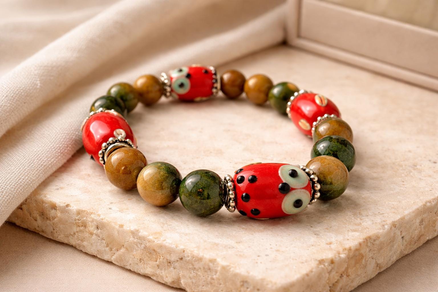 Hand‑Beaded Owl Bracelet &bull; Whimsical Red & Green Bead Bracelet &bull; Cute Nature‑Inspi