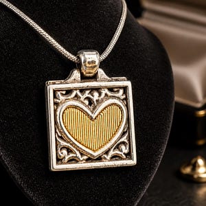 May include: Silver pendant necklace featuring a gold heart-shaped centre. The heart has vertical lines and is framed by a silver square with ornate scrollwork. The necklace is displayed on a black velvet bust.