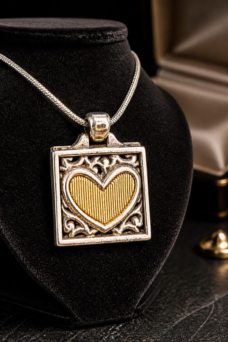 May include: Silver pendant necklace featuring a gold heart-shaped centre. The heart has vertical lines and is framed by a silver square with ornate scrollwork. The necklace is displayed on a black velvet bust.
