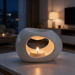 May include: A speckled, off-white ceramic essential oil diffuser with a large oval opening and a smaller opening on top. A lit tea light candle sits inside, casting a warm glow. The diffuser is on a white surface.