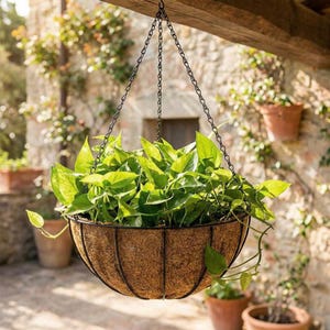 May include: A hanging basket overflowing with lush green plants. The basket is constructed from a brown, woven material and is suspended by a black metal chain. The background shows a stone wall and other potted plants, creating a natural, outdoor setting.