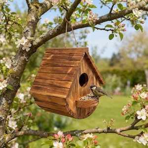 Könnte beinhalten: Ein braunes Vogelhaus mit einem kleinen Vogel, der auf dem Futterspender sitzt. Das Vogelhaus hängt an einem Ast mit weißen und rosa Blüten. Es hat ein rundes Eingangsloch.