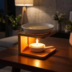 May include: A wooden oil warmer featuring an L-shaped bamboo stand with a white ceramic bowl on top and a small white ceramic tea light holder with a handle below. A lit tea light candle sits inside the holder, casting a warm glow.