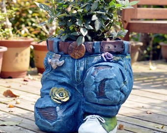 Maceta con diseño de vaqueros: maceta de resina original para suculentas, flores y decoración de jardín.