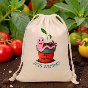 May include: A beige drawstring bag featuring a cartoon worm in a red pot with the text "Jigs Worms". The bag is set against a backdrop of tomato plants and soil, suggesting a gardening theme.