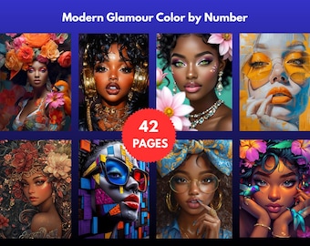 Libro para colorear por números para adultos - Edición glamour moderno, 42 páginas, retratos de moda, descarga digital