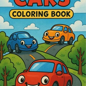 Può includere: Un libro da colorare per bambini intitolato "Cars Coloring Book" presenta tre auto dei cartoni animati sorridenti in rosso, blu e arancione che guidano su una strada tortuosa. Lo sfondo comprende colline verdi, alberi e un cielo blu con nuvole.