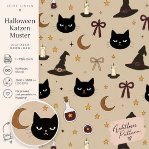 Könnte beinhalten: Ein nahtloses digitales Muster mit schwarzen Katzengesichtern, Hexenhüten, Mondsicheln, Kerzen, Schleifen und Sternen auf beigem Hintergrund. Das Bild enthält den Text Leise Linien, Halloween Katzen Muster und Nahtloses Pattern.