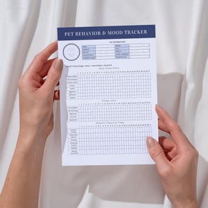 May include: A white pet behavior and mood tracker with a navy blue header. The tracker includes sections for pet information, daily mood checks, energy levels, and observed behaviors. The text "PET BEHAVIOR & MOOD TRACKER" is at the top.
