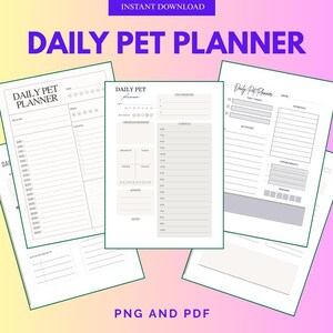 Puede incluir: Un conjunto de páginas imprimibles de planificador diario para mascotas con un fondo degradado rosa y amarillo. Las páginas incluyen secciones para la programación, actividades y notas. El texto incluye "Daily Pet Planner", "Instant Download" y "PNG and PDF".