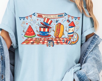 Red White and Fun Shirt, Cute 4th of July Comfort Colors 1717 Tee, Americana Doodle Collage Top, Patriotic Kawaii Fireworks Graphic Dress