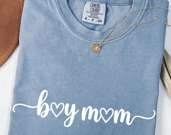 Boy Mom Shirt with Heart Symbol, Minimalist Script Mother's Day Gift, Comfort Colors Aesthetic Mom Tee, Delicate Girl Mom, Custom Mom Year
