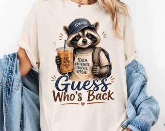 Raccoon Teacher Tee, Iced Coffee Fueled Educator Shirt, Back To School Graphic Top