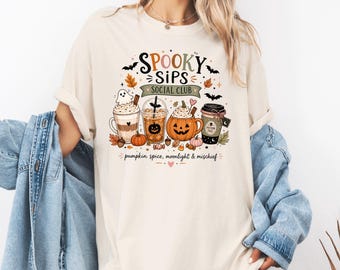 Spooky Sips Shirt, Halloween Coffee Shirt, Pumpkin Spice Tee, Cozy Fall Drink Shirt, Cute Ghost Comfort Colors Tee