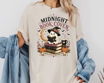 Midnight Book Coven Shirt, Cute Ghost Reading Book Tee, Whimsigoth Halloween Teacher , Spooky Book Club, Reading After The Witching Hour Top
