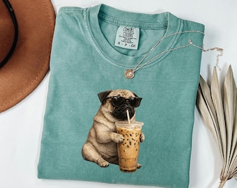 Comfort Colors Pug Iced Coffee Shirt, Funny Dog Meme Tee, Trendy Caffeine Graphic Clothing, Sarcastic Birthday Gift For Women Men