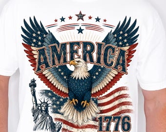 Vintage America 1776 Shirt, Patriotic Bald Eagle Tee, Statue of Liberty American Flag Top, Retro Independence Day 4th of July Gift