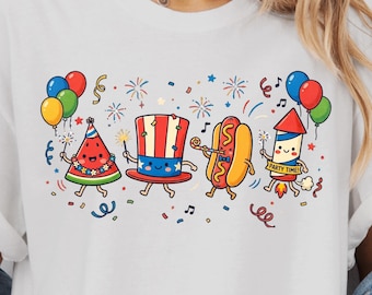 Cute 4th of July Shirt, Retro Americana Doodle Tee, Comfort Colors 1717 Patriotic Fireworks Top, Kawaii Fourth of July Summer BBQ Graphic