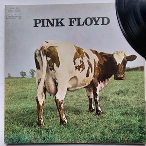 May include: Album cover for Pink Floyd featuring a brown and white cow in a green field. The band name, "PINK FLOYD," is printed in black at the top. A black vinyl record is partially visible in the upper right corner. The album is a stereo recording.