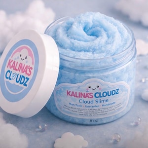 May include: A jar of light blue cloud slime with the text "KALINA'S CLOUDZ" on the label. The lid is white with a pink and blue logo. The jar contains 8 oz of non-toxic, unscented, handmade slime.