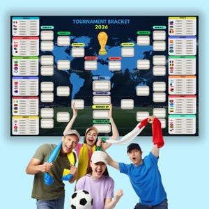 Könnte beinhalten: Ein Turnierplan-Poster für 2026 mit einer Weltkarte als Hintergrund, einer goldenen Pokalillustration und Gruppenphasen-Auflistungen mit Nationalflaggen. Der Plan enthält Abschnitte für das Achtelfinale, Viertelfinale, Halbfinale, Finale und die Platzierungen.