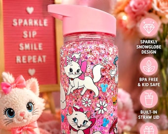 Marie-Inspired Pink Glitter Snowglobe Kids Drink Bottle | 10oz Kitten Tumbler (Handmade)