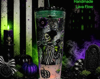 Beetlejuice Inspired 24oz Lava Flow Tumbler, Gothic Halloween Glitter Cup, Handmade Resin Lid
