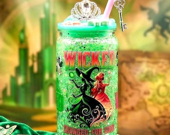 Wicked Elphaba Glinda Snowglobe Tumbler | 16oz Glitter Acrylic Cup (Rhinestone Crown Lid)