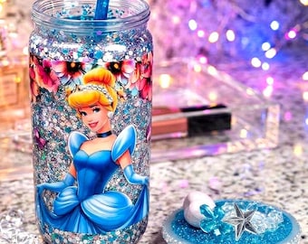 Cinderella Snowglobe Tumbler | Glitter Princess Glass Can Cup, Rhinestone Lid