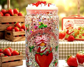 Vintage Strawberry Shortcake Snowglobe Tumbler | Glitter Decoden Lid 16oz Cup