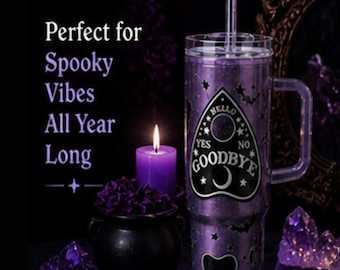 40oz Gothic Tumbler | Purple Ouija Planchette Cup, Bats, Stars Travel Mug