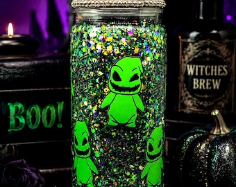 16oz Oogie Boogie Snowglobe Tumbler | Nightmare Inspired Glitter Cup | Halloween Libbey Can | Spooky Green Glitter Tumbler + Rhinestone Lid