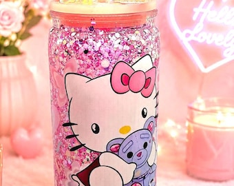 16oz Pink Glitter Snowglobe Tumbler | Kitty Design Acrylic Cup with Straw