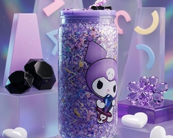 16oz Kuromi Snowglobe Tumbler | Purple Glitter Drip Acrylic Can Cup | Decoden Rhinestone Lid | Pastel Goth Sanrio Inspired Aesthetic Gift